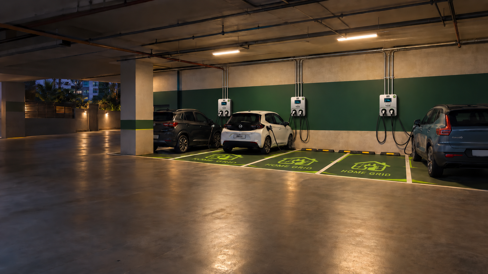 Ilustração de garagem com carregadores WEG WEMOB Parking de dois conectores e vagas Home Grid