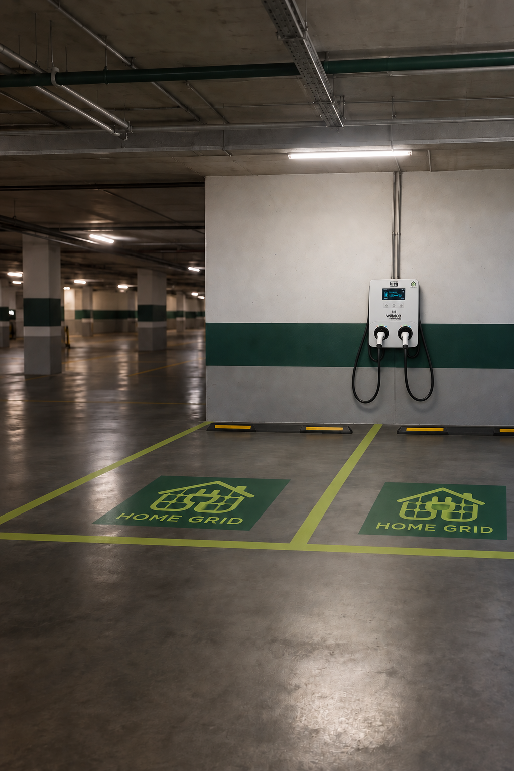 Ilustração de carregador WEG WEMOB Parking de dois conectores na parede, com identificação discreta Home Grid